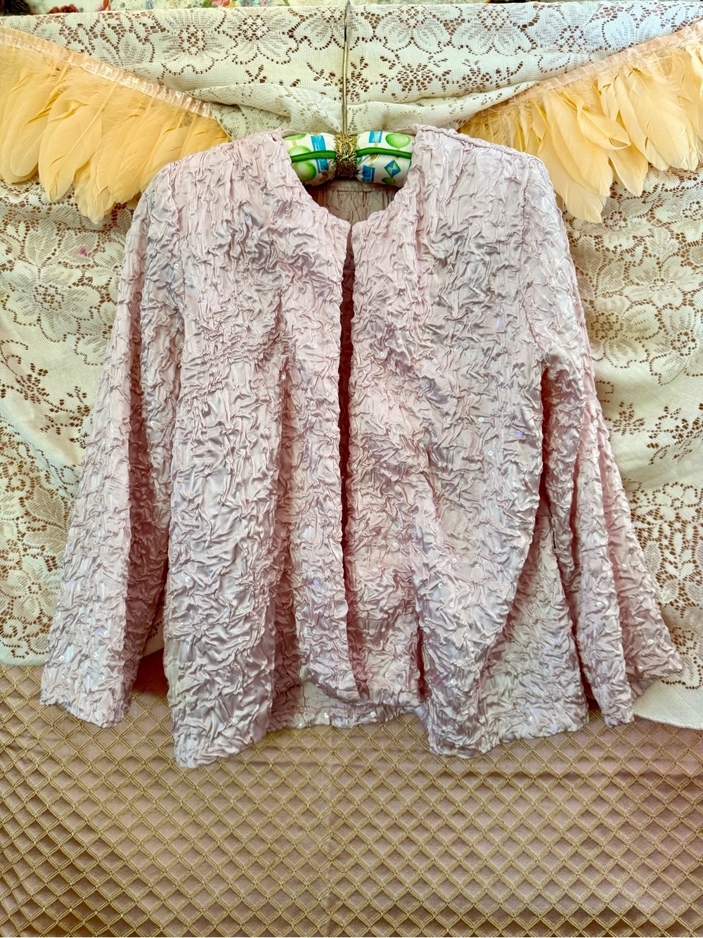 Vintage 80s JS Boutique Pink Satin Sequined Women's Textured Jacket M